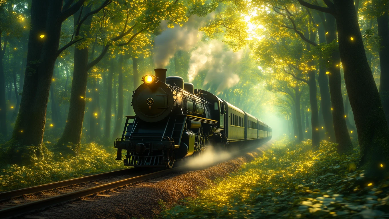 Un treno a vapore attraversa una foresta illuminata da lucciole.