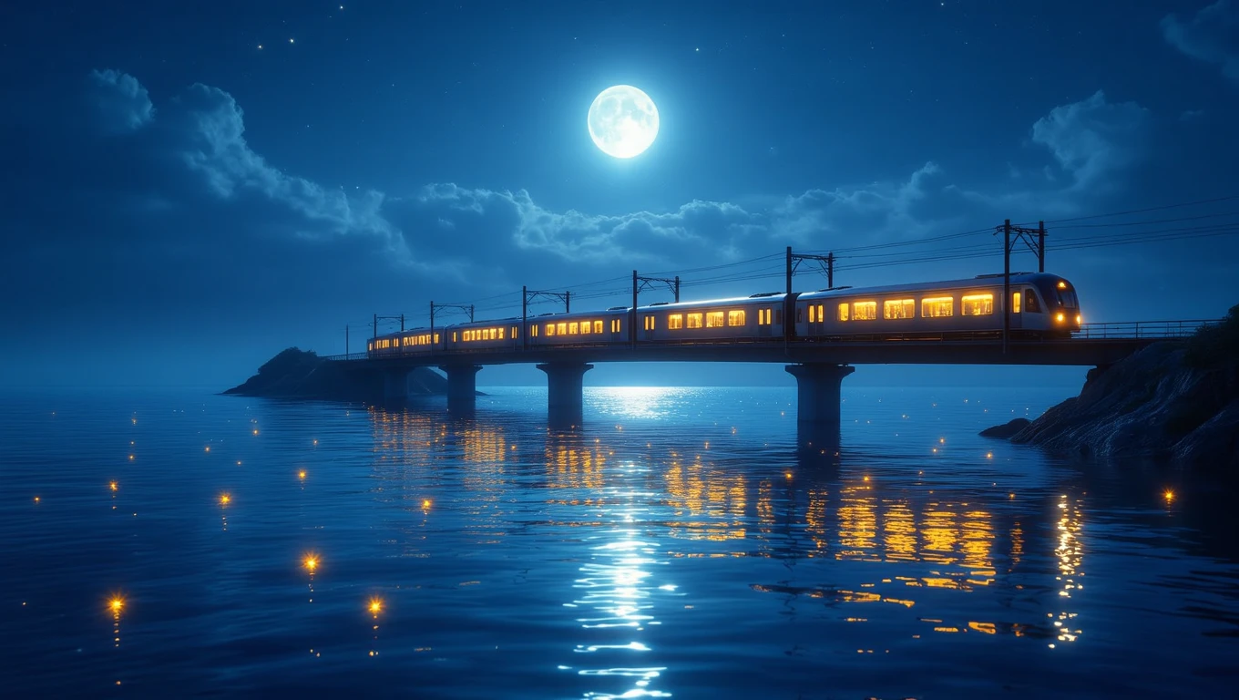 Un treno luminoso attraversa un ponte su un lago sereno sotto la luna.