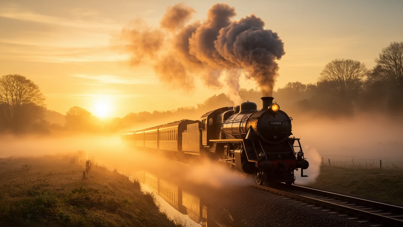 Un treno a vapore attraversa un paesaggio nebbioso al tramonto.