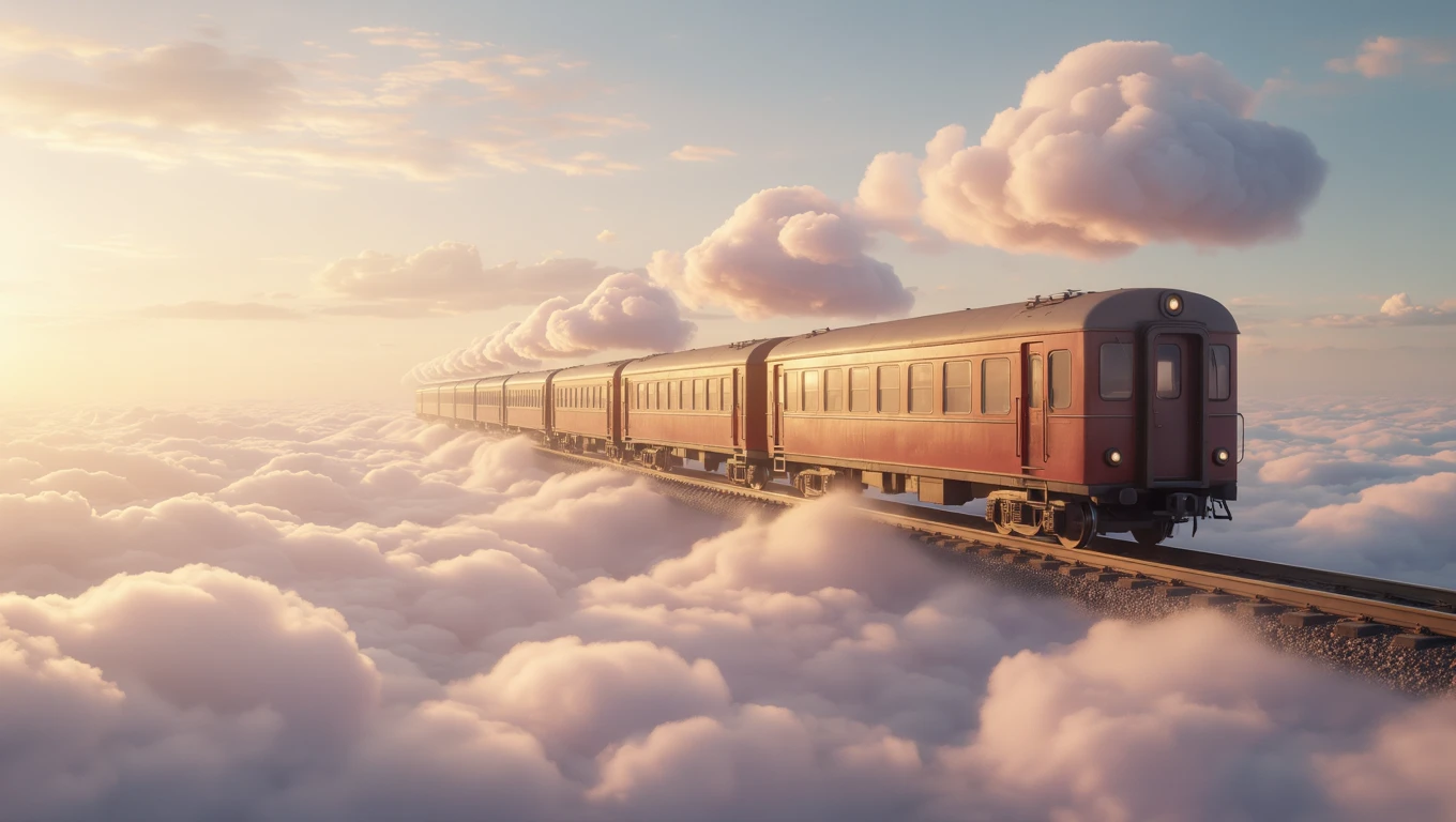 Un treno rosso che attraversa nuvole soffici in un cielo sereno.