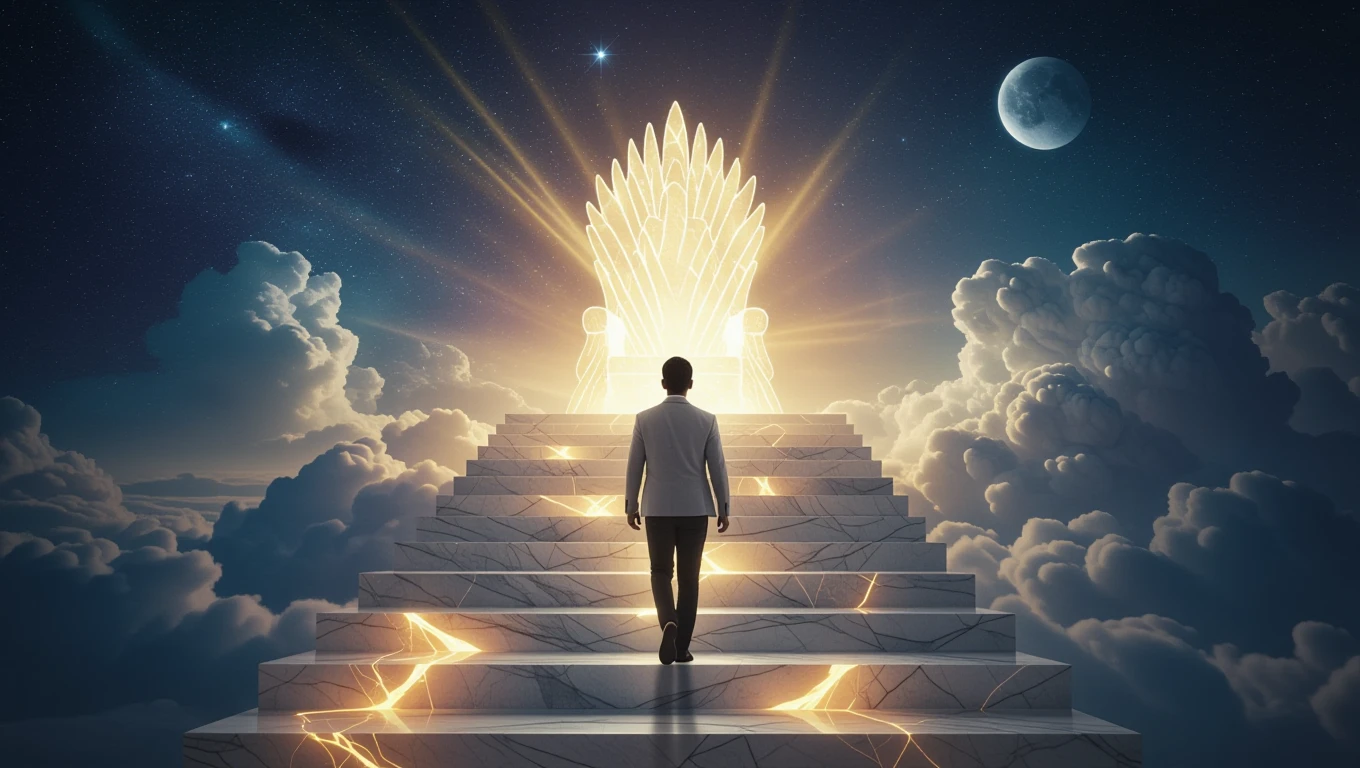 Un uomo in abito elegante cammina verso un trono luminoso tra le nuvole.