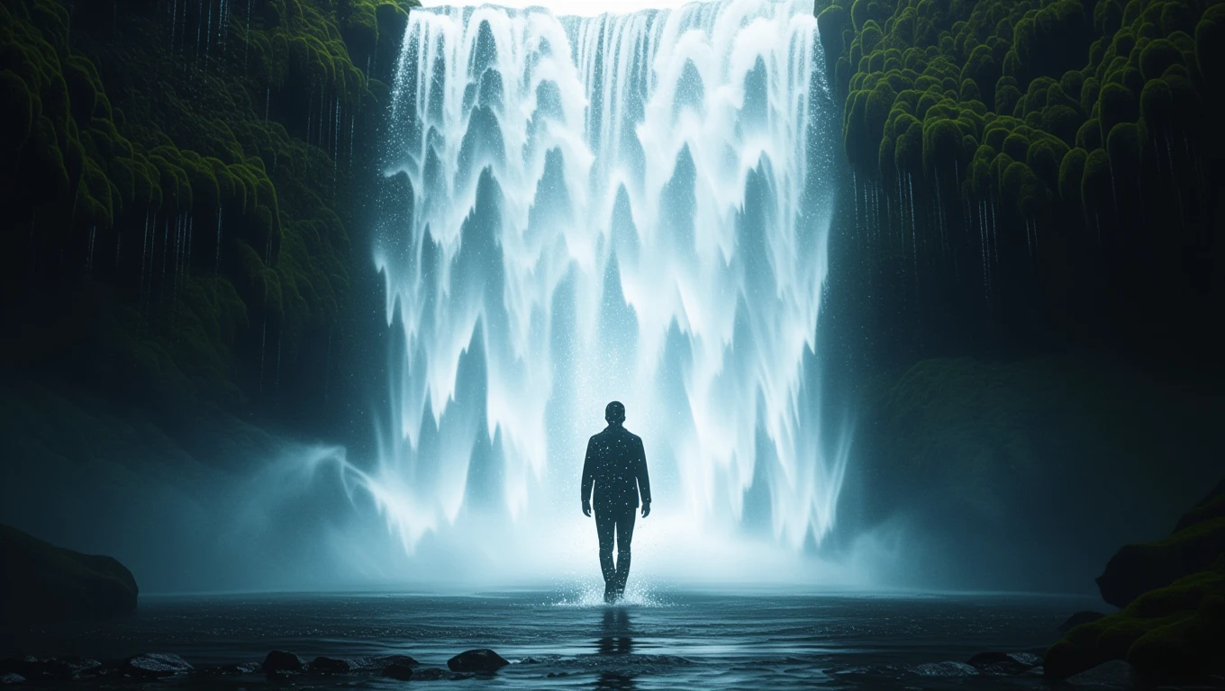 Un uomo in piedi davanti a una cascata maestosa, simbolo di purificazione.