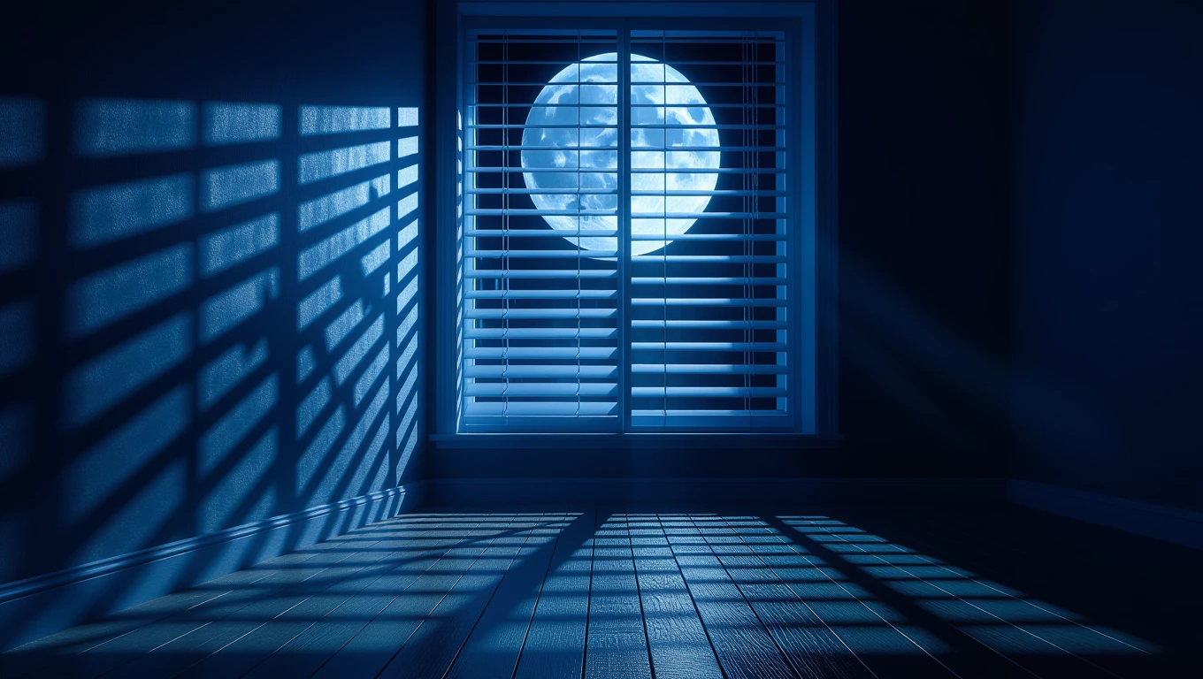 Una tapparella chiusa davanti a una finestra con la luna piena che illumina la stanza.