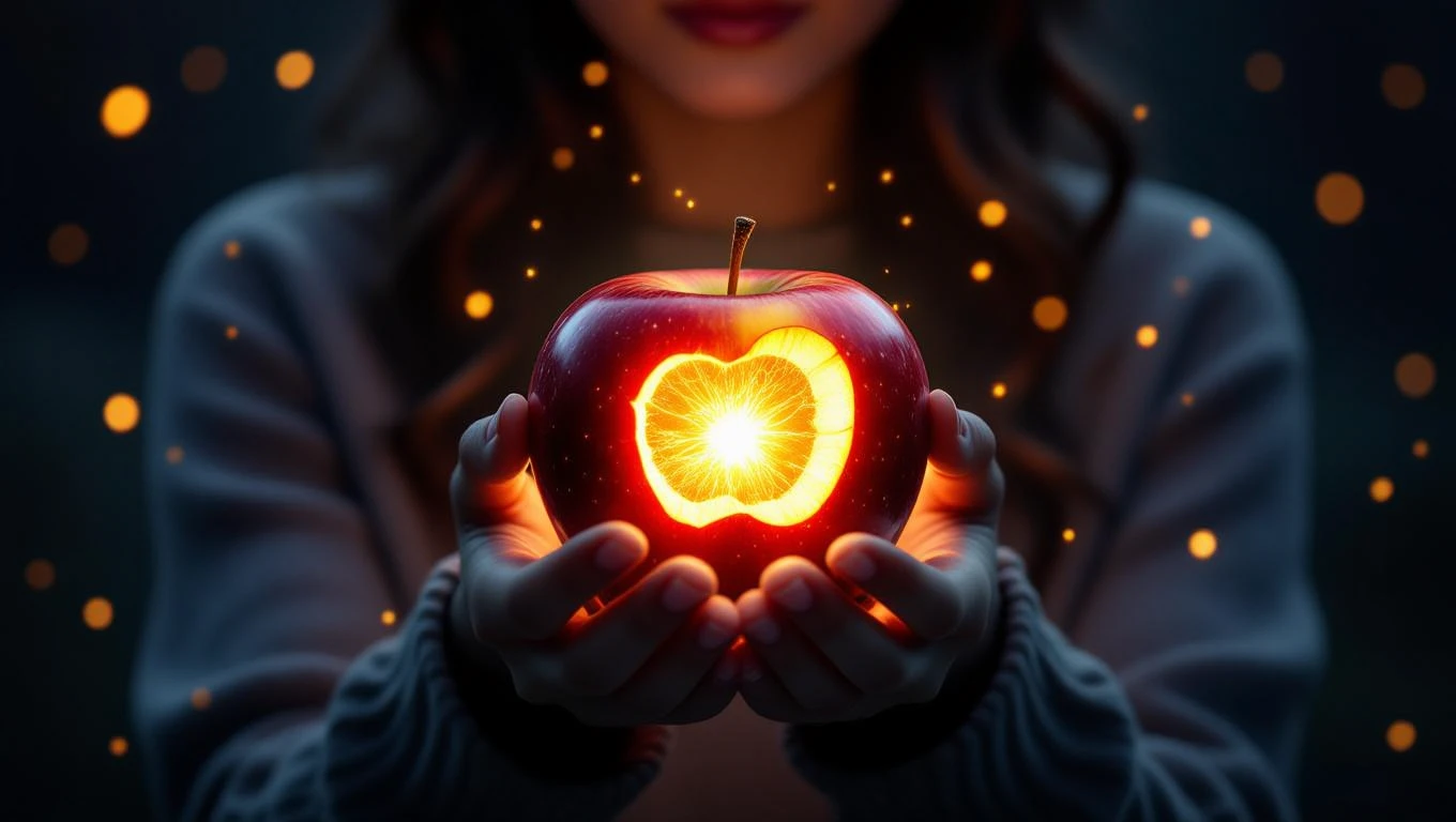 Una donna tiene in mano una mela rossa con un cuore luminoso all'interno.
