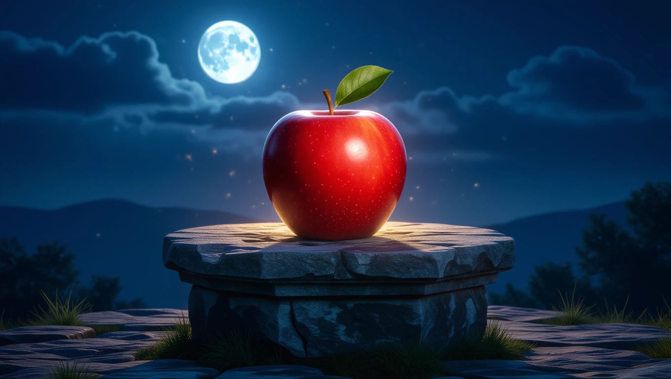 Una mela rossa brillante su un piedistallo di pietra sotto la luna.
