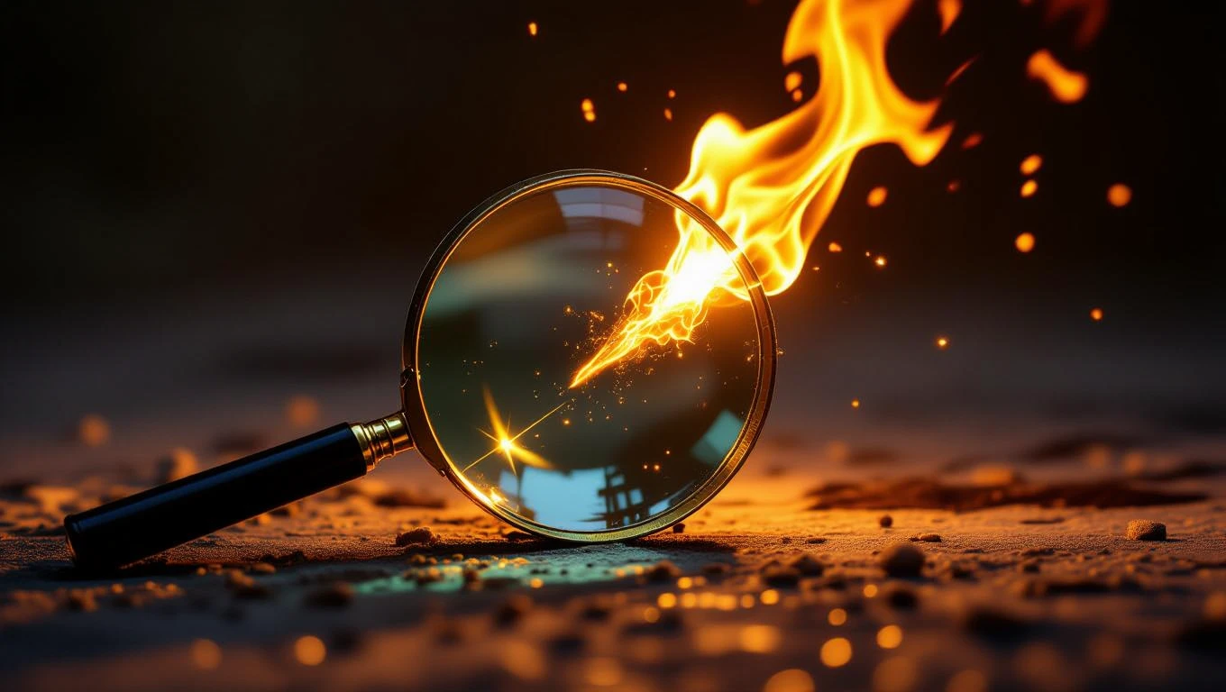 Una lente d'ingrandimento con fiamme che simboleggia la ricerca della verità.