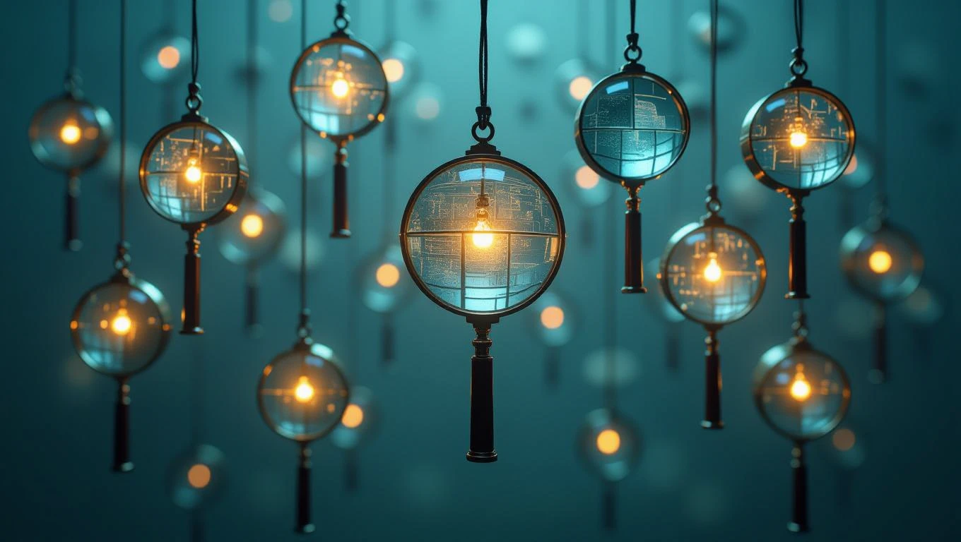Una serie di lenti d'ingrandimento illuminate appese, simbolo di analisi e ricerca della verità.