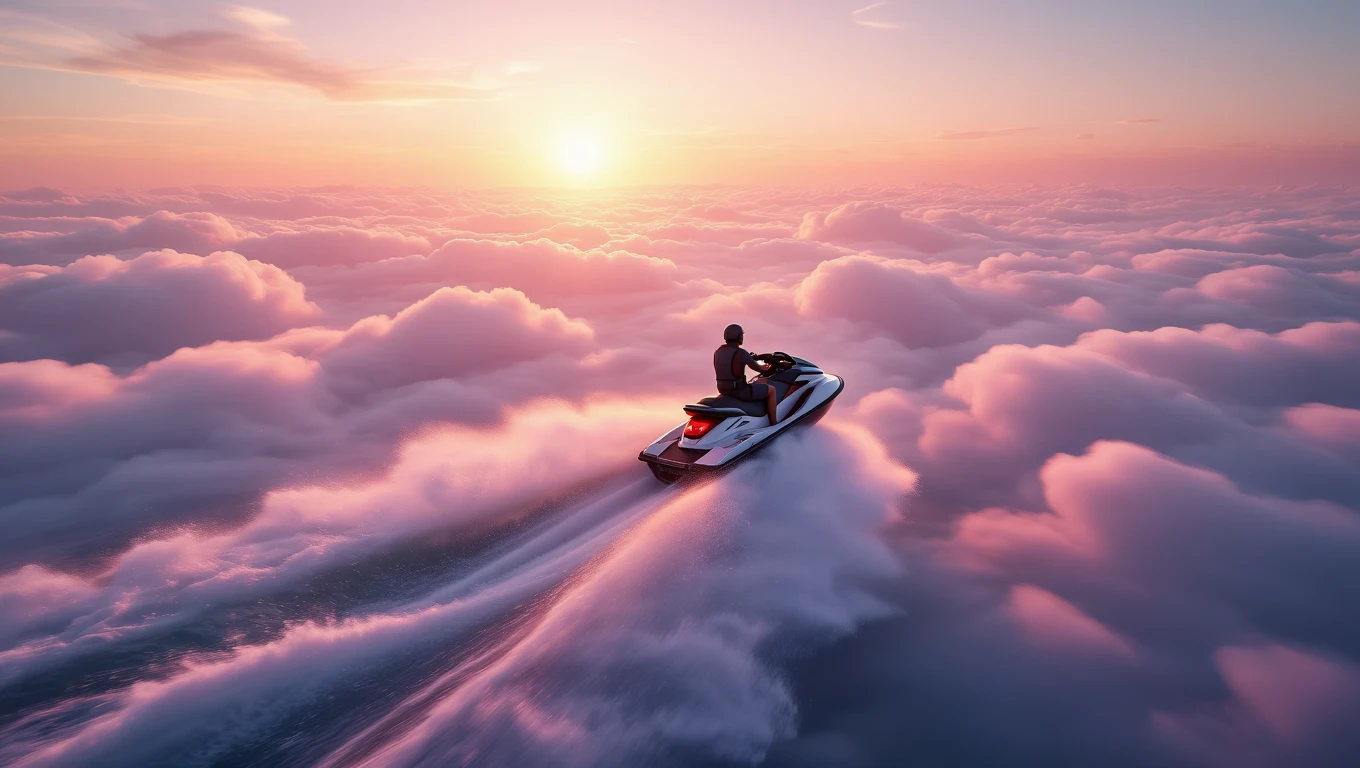Un uomo su una moto d'acqua naviga tra le nuvole al tramonto.