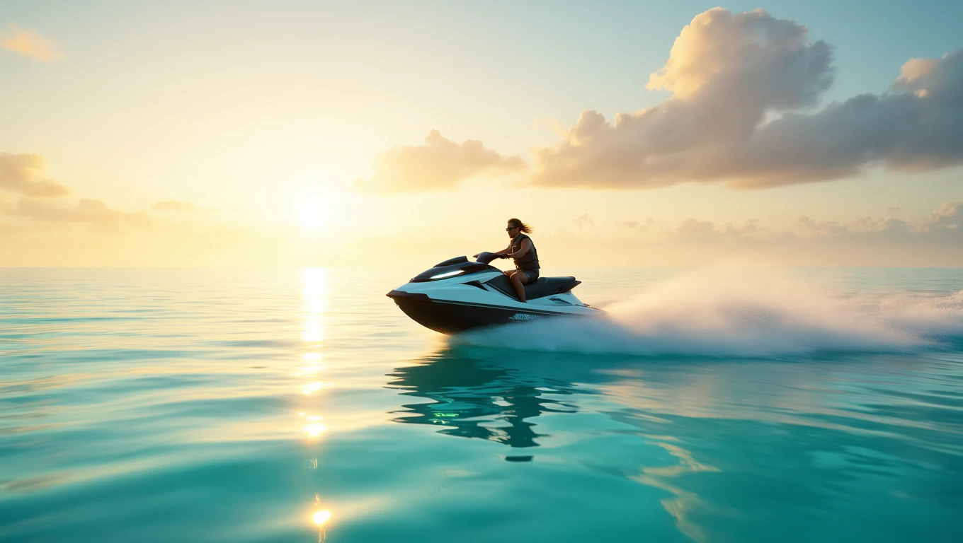 Una persona in moto d'acqua che sfreccia su acque calme al tramonto.