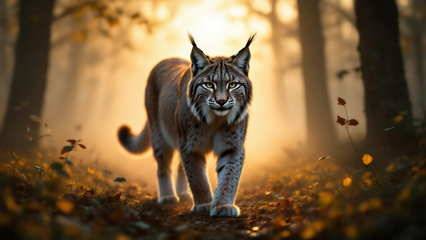 Una lince cammina con passo deciso in una foresta avvolta nella nebbia.