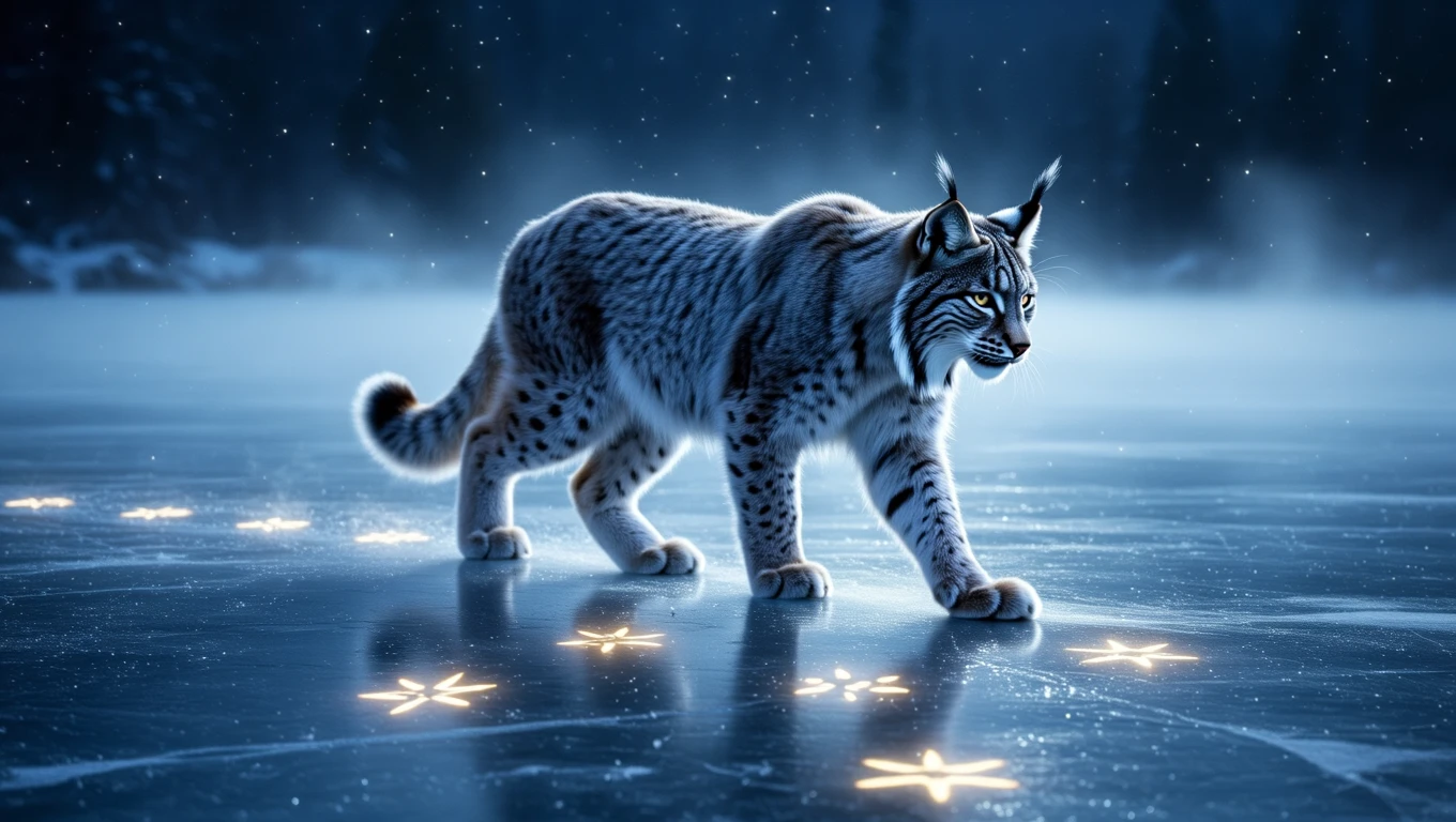 Una lince cammina su un ghiaccio scintillante, simbolo di intuizione e vigilanza.
