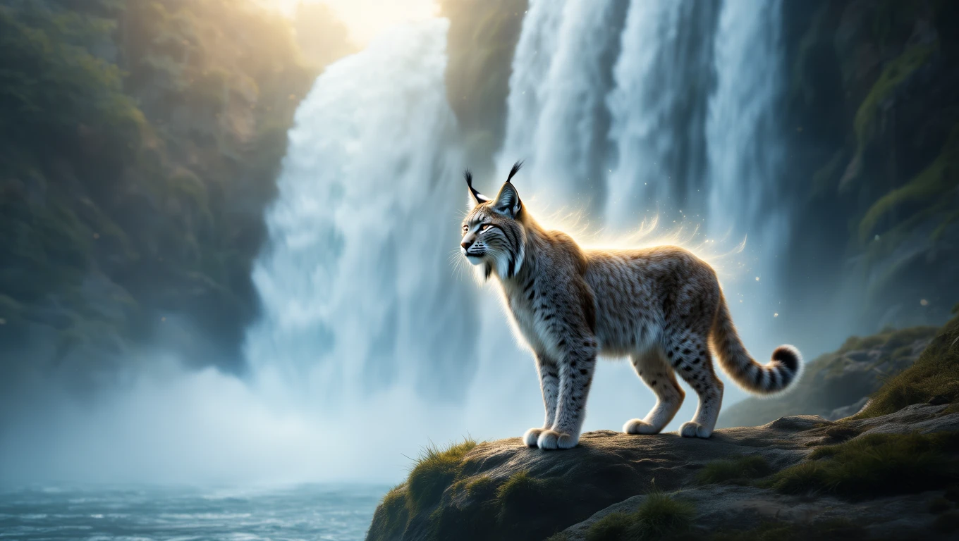 Una lince in piedi su una roccia vicino a una cascata, simbolo di intuizione e vigilanza.