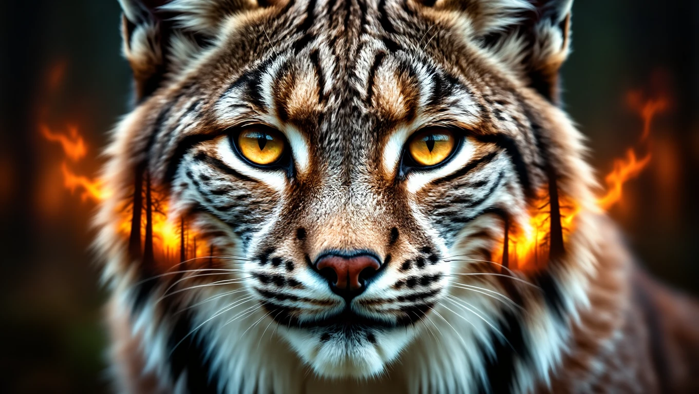 Primo piano di una lince con occhi penetranti e sfondo misterioso.