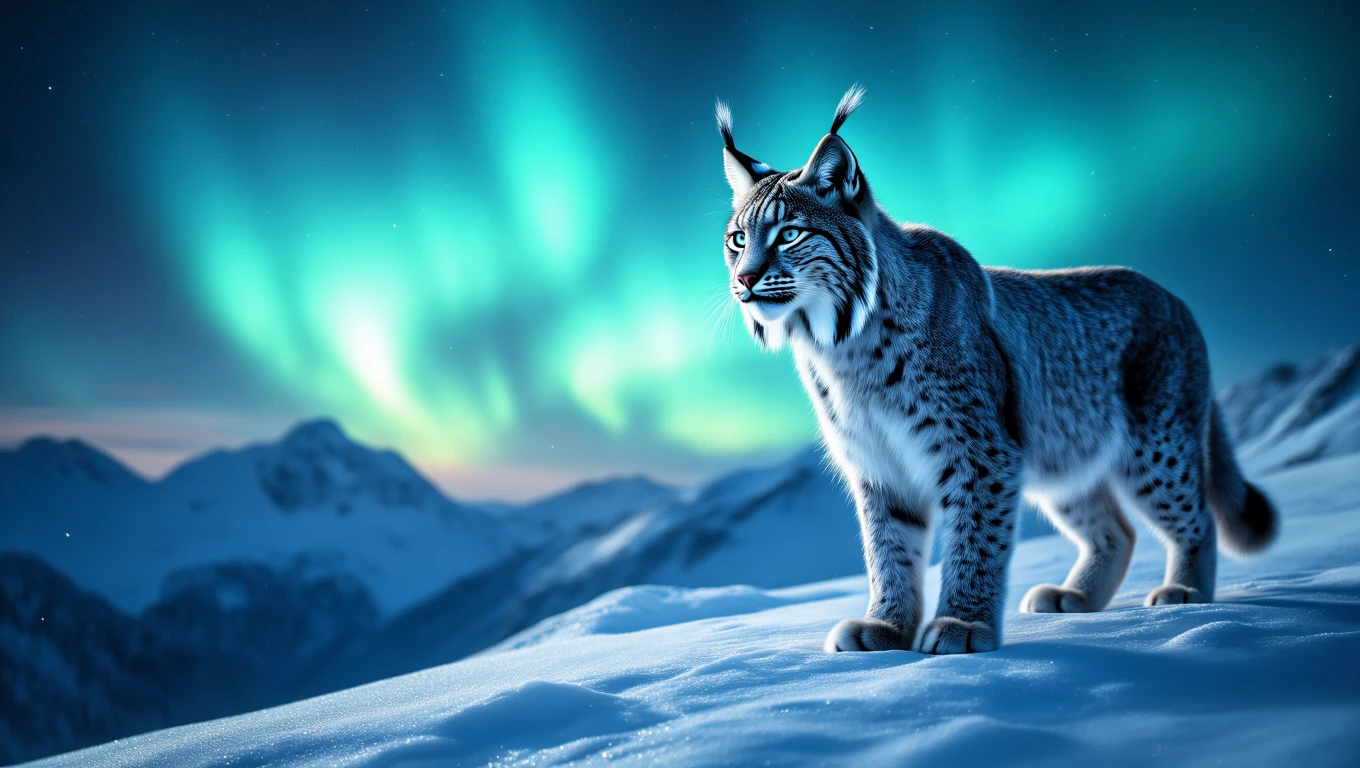 Una lince in piedi sulla neve, sotto un cielo stellato e aurora boreale.