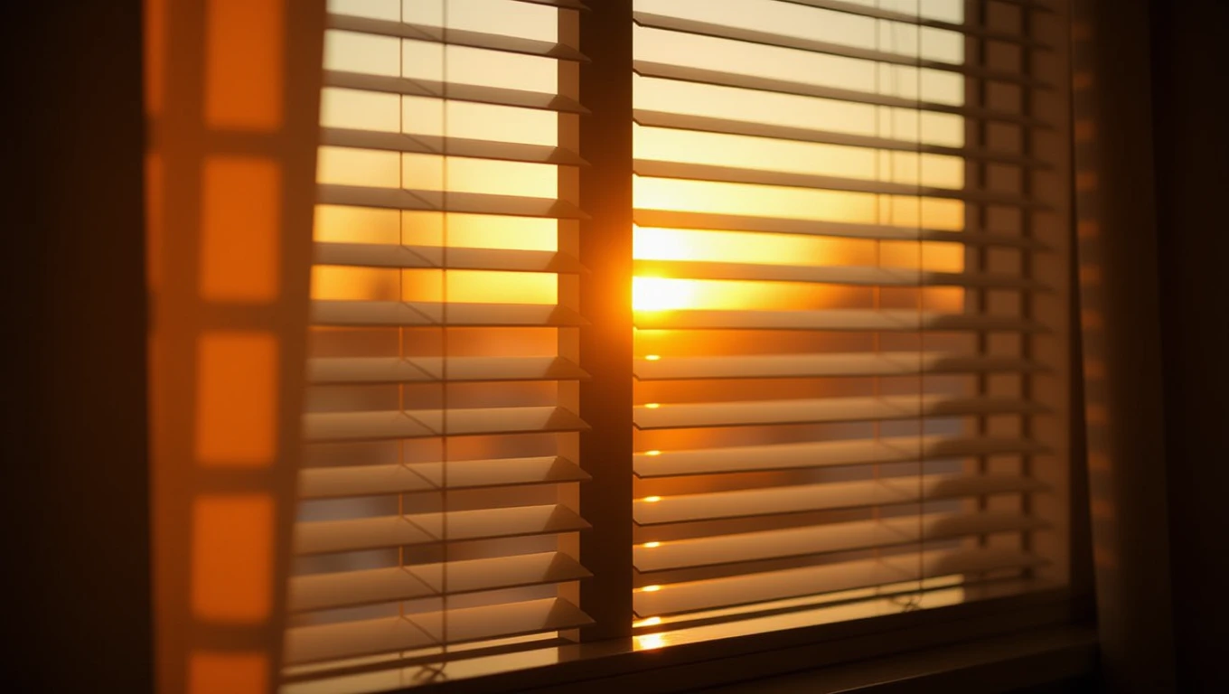 Una tapparella chiusa lascia filtrare la luce calda del tramonto.