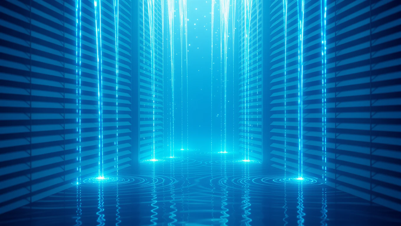 Un ambiente futuristico con tapparelle che filtrano la luce blu, creando riflessi sull'acqua.