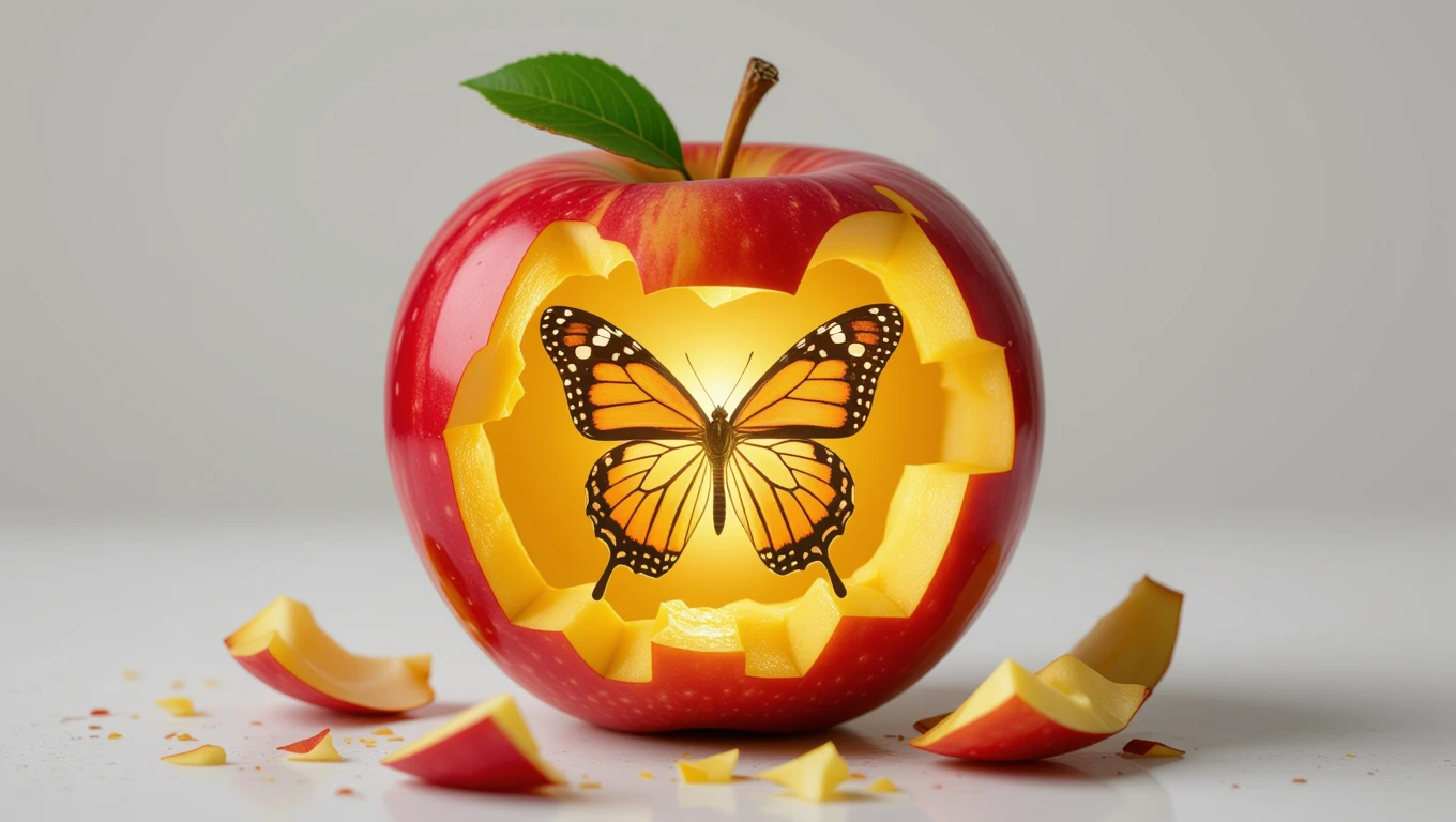 Una mela rossa con un interno illuminato e una farfalla che emerge.