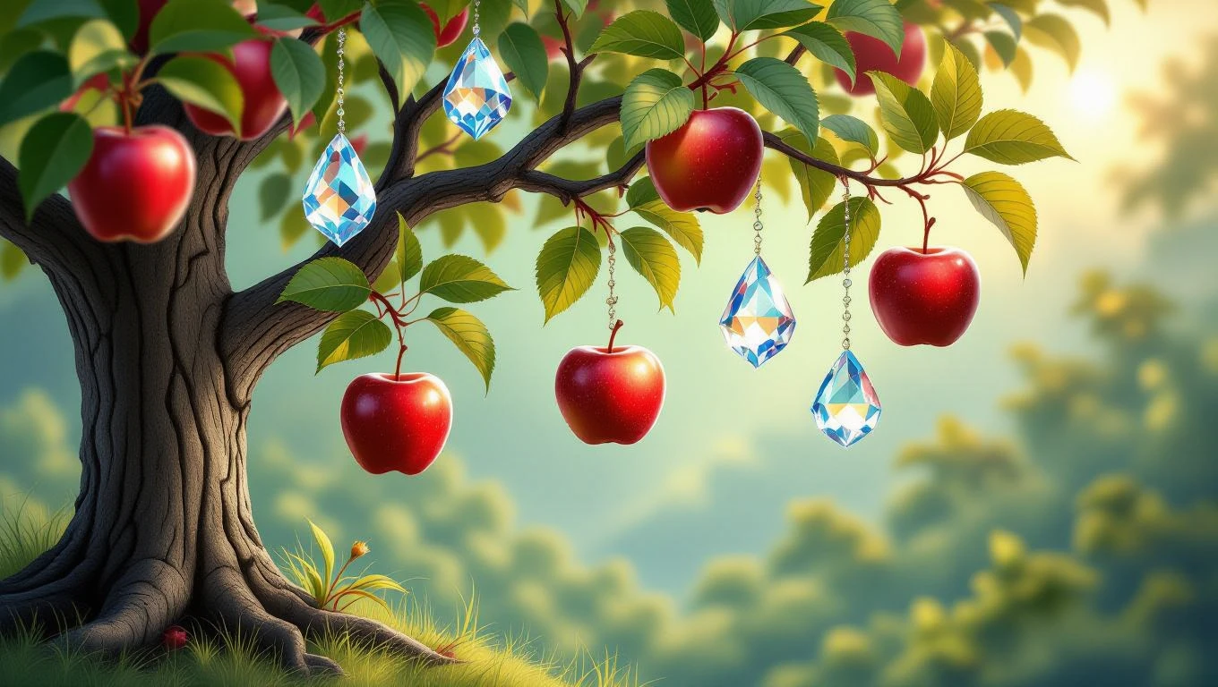 Un albero con mele rosse e cristalli pendenti, simbolo di desiderio e tentazione.