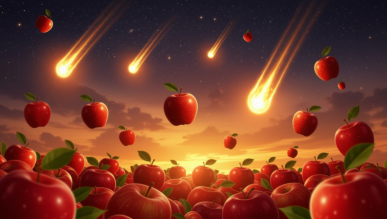 Un campo di mele rosse sotto un cielo stellato con meteore che cadono.