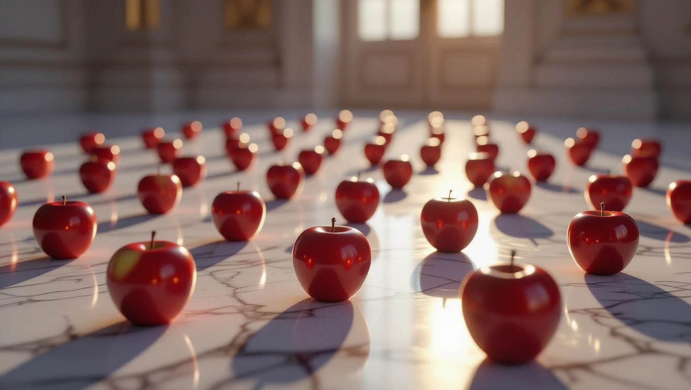 Una distesa di mele rosse lucenti su un pavimento di marmo.