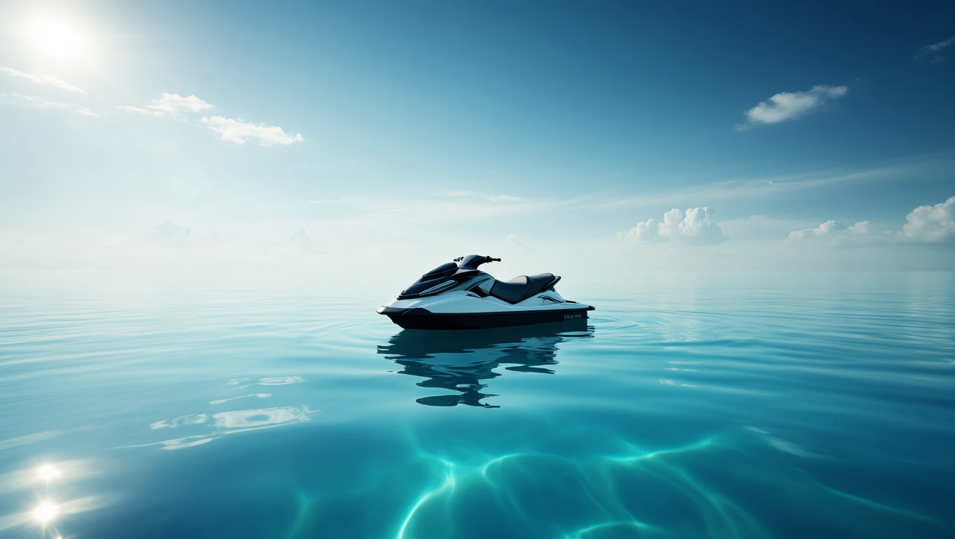Una moto d'acqua bianca e nera galleggia su un mare calmo e blu.