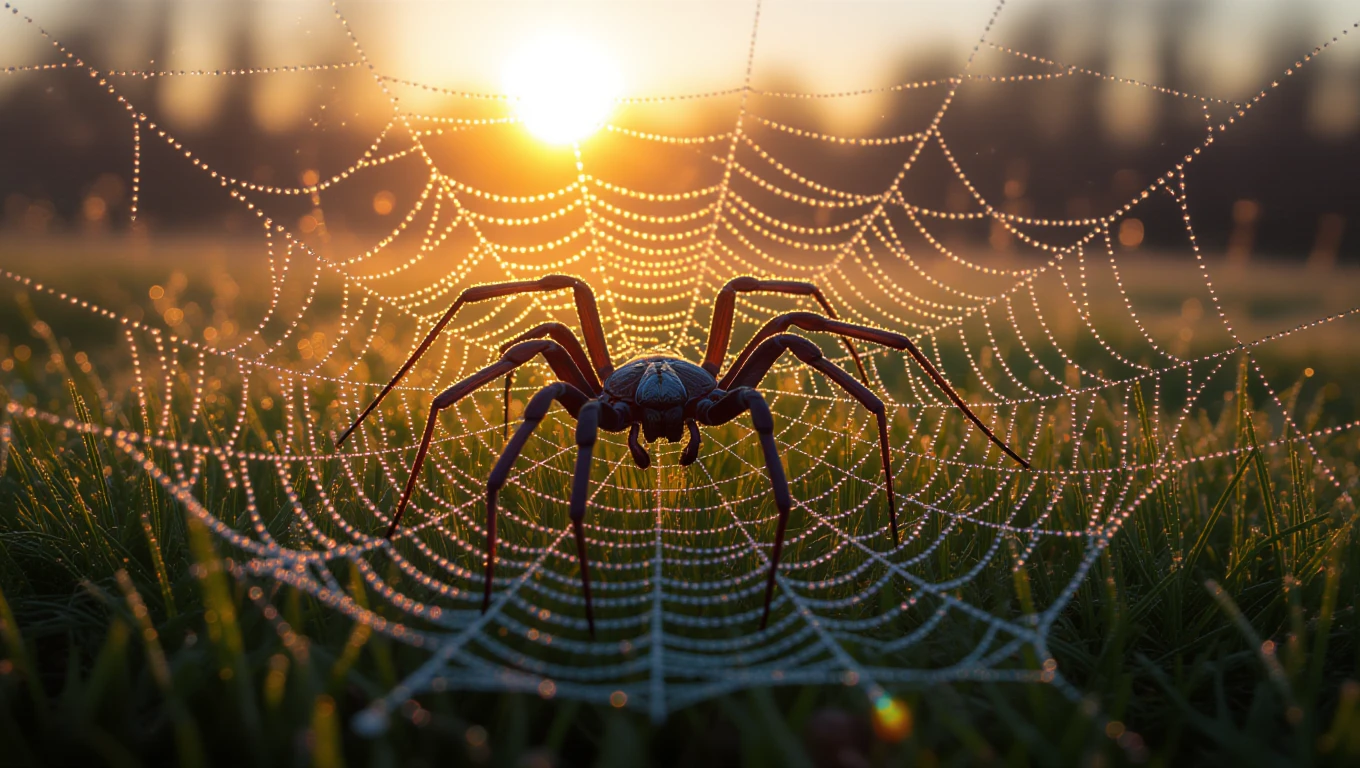 Una ragnatela bagnata di rugiada con un ragno al centro, illuminata dal sole.