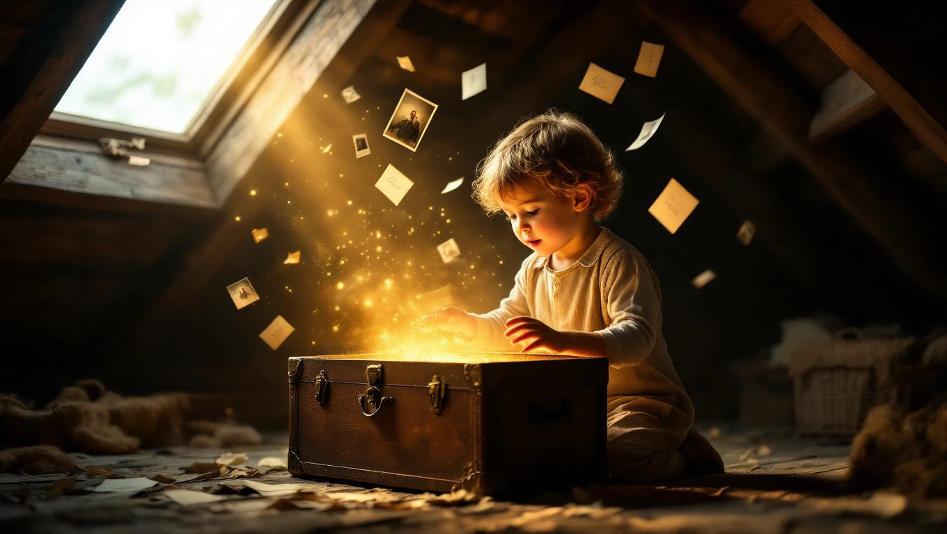 Un bambino esplora un baule in soffitta, circondato da ricordi e polaroid.
