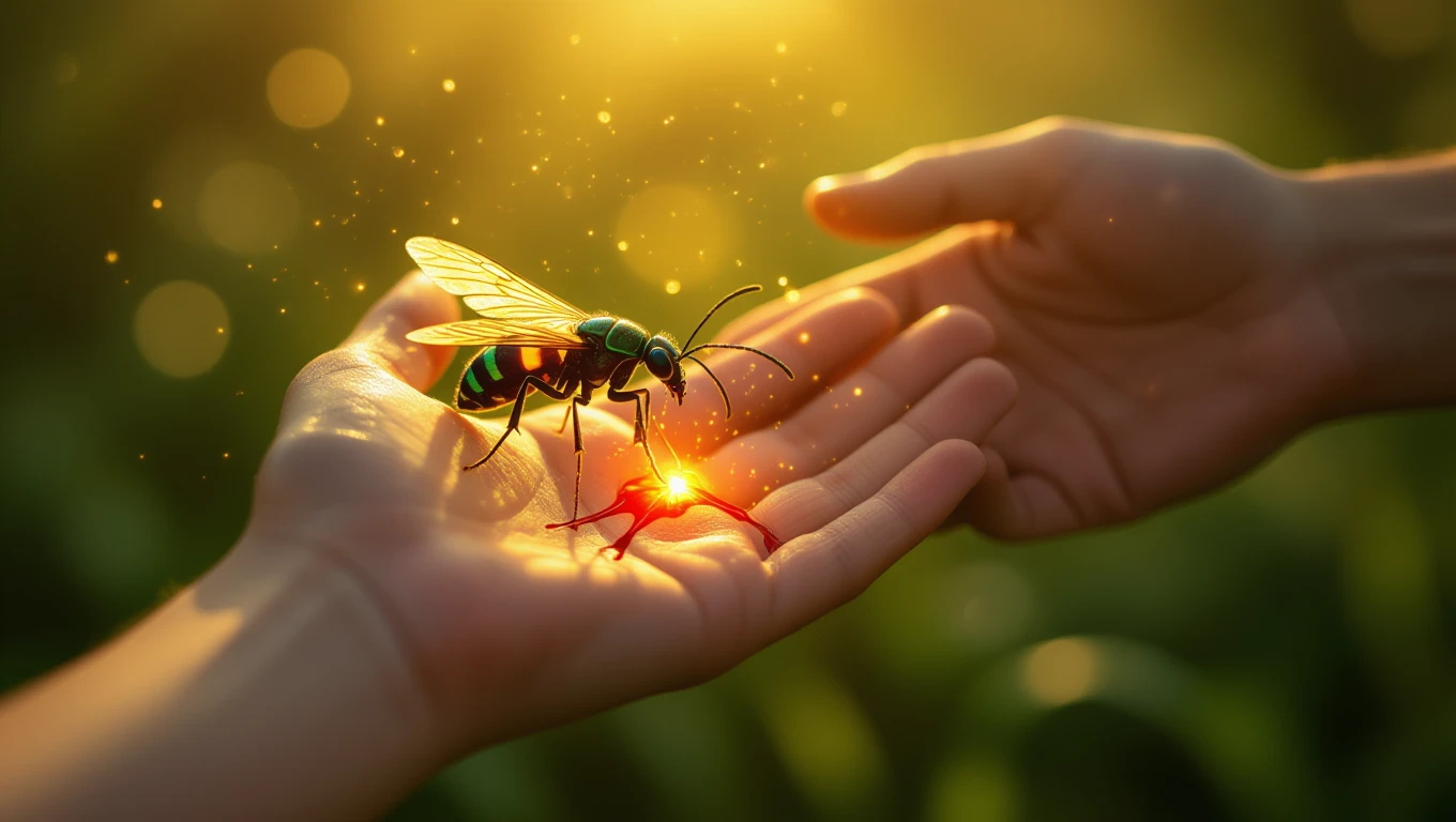Una mano che tiene un'ape luminosa, simbolo di vulnerabilità e avvertimenti emotivi.