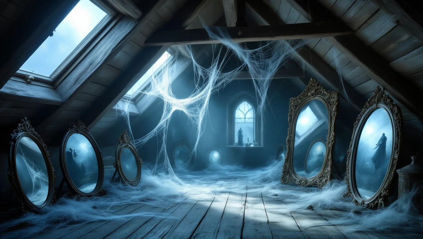 Una soffitta polverosa con specchi antichi e ragnatele, evocando ricordi dimenticati.