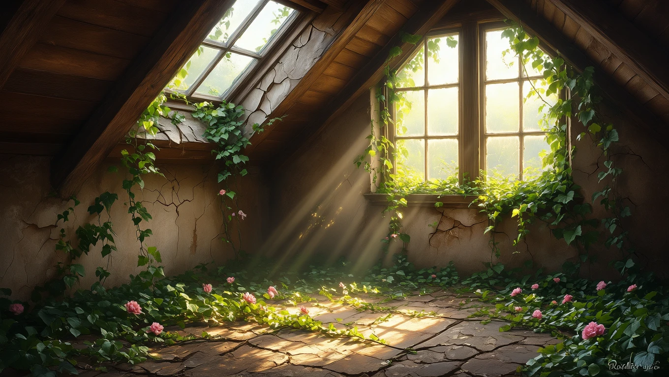 Una soffitta illuminata da raggi di sole, con piante e fiori che crescono tra le crepe.