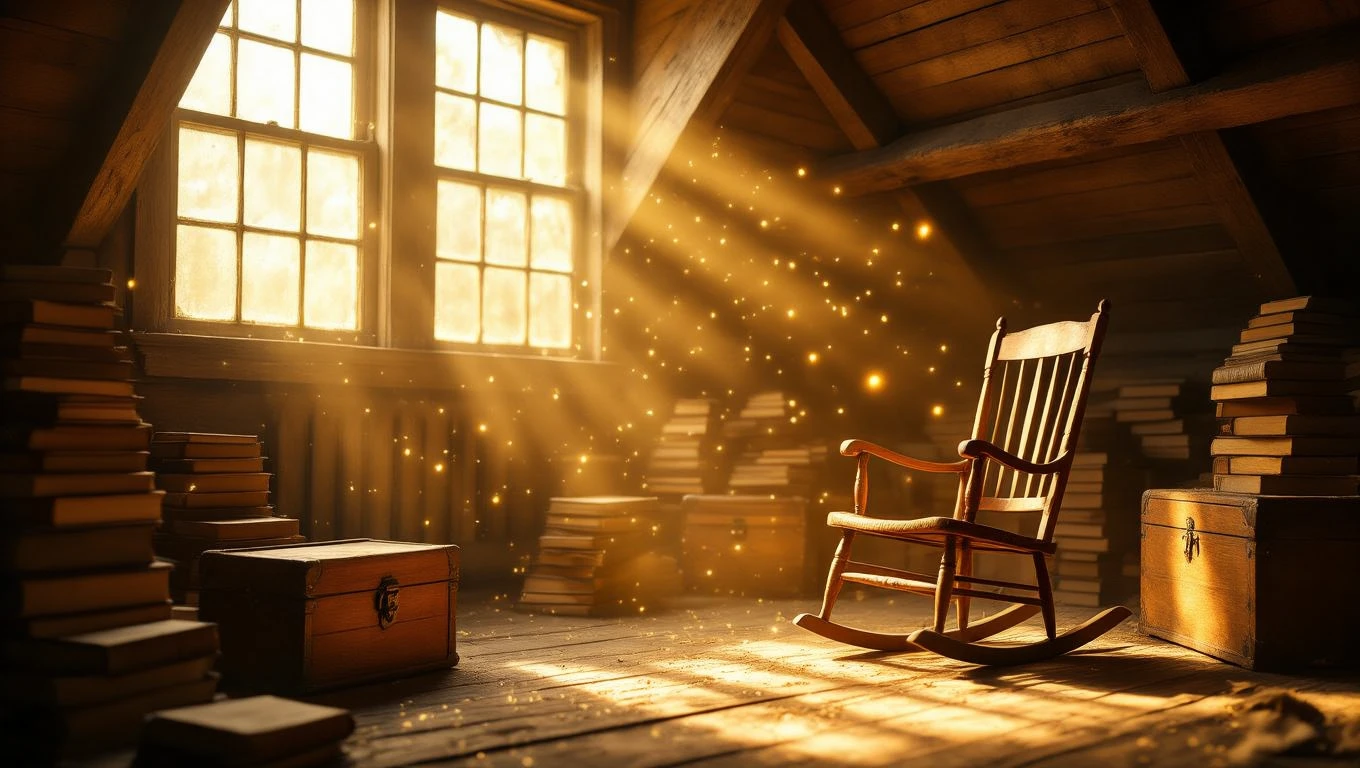 Una soffitta illuminata da raggi di sole, con libri e una sedia a dondolo.