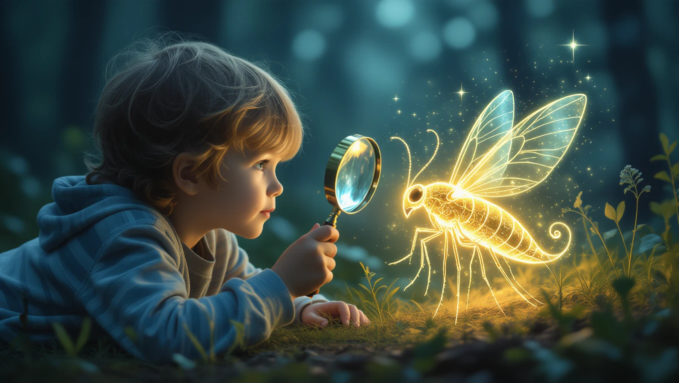 Un bambino osserva un insetto luminoso attraverso una lente d'ingrandimento nel bosco.