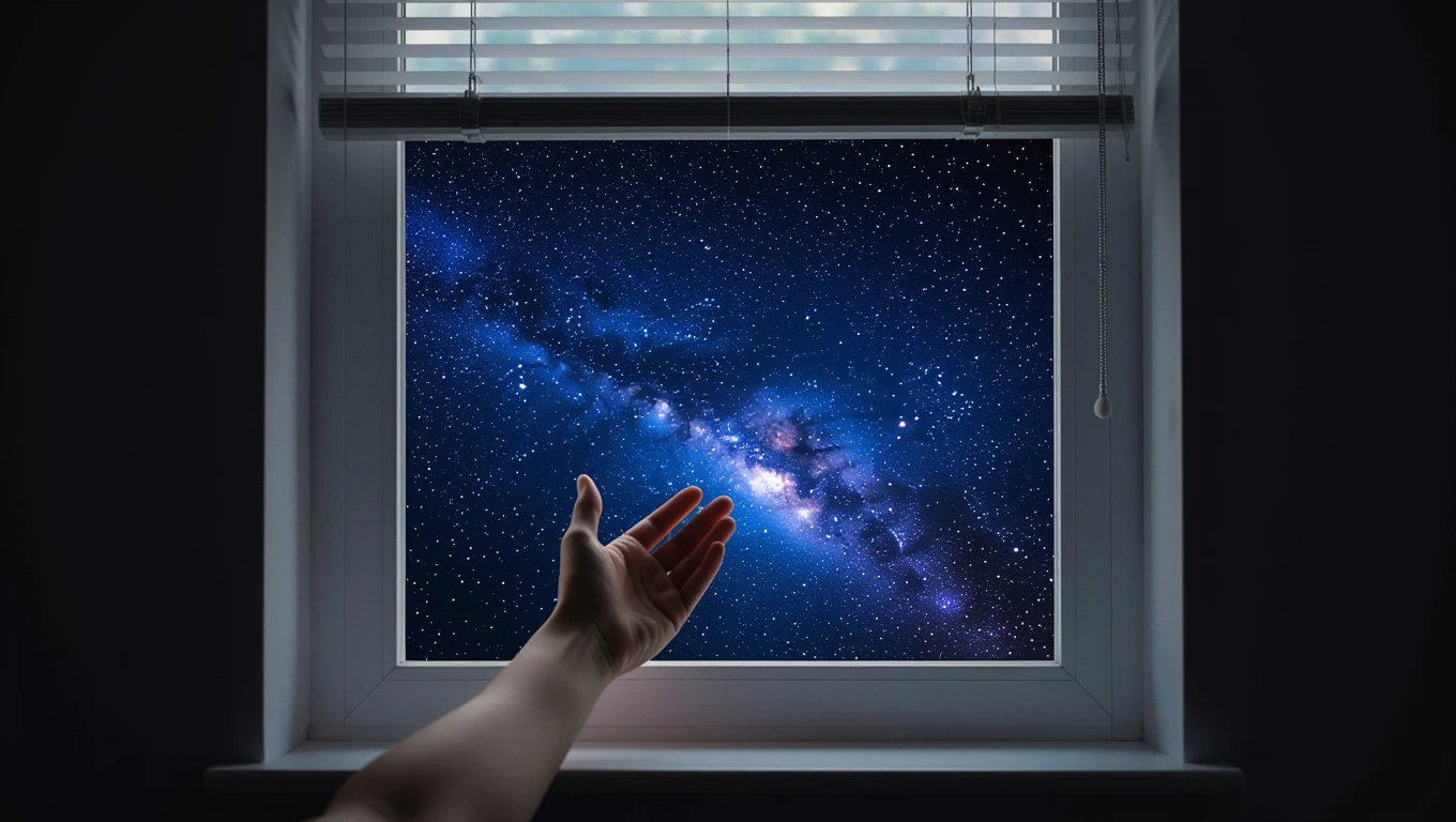 Una mano si estende verso una finestra che mostra un cielo stellato.