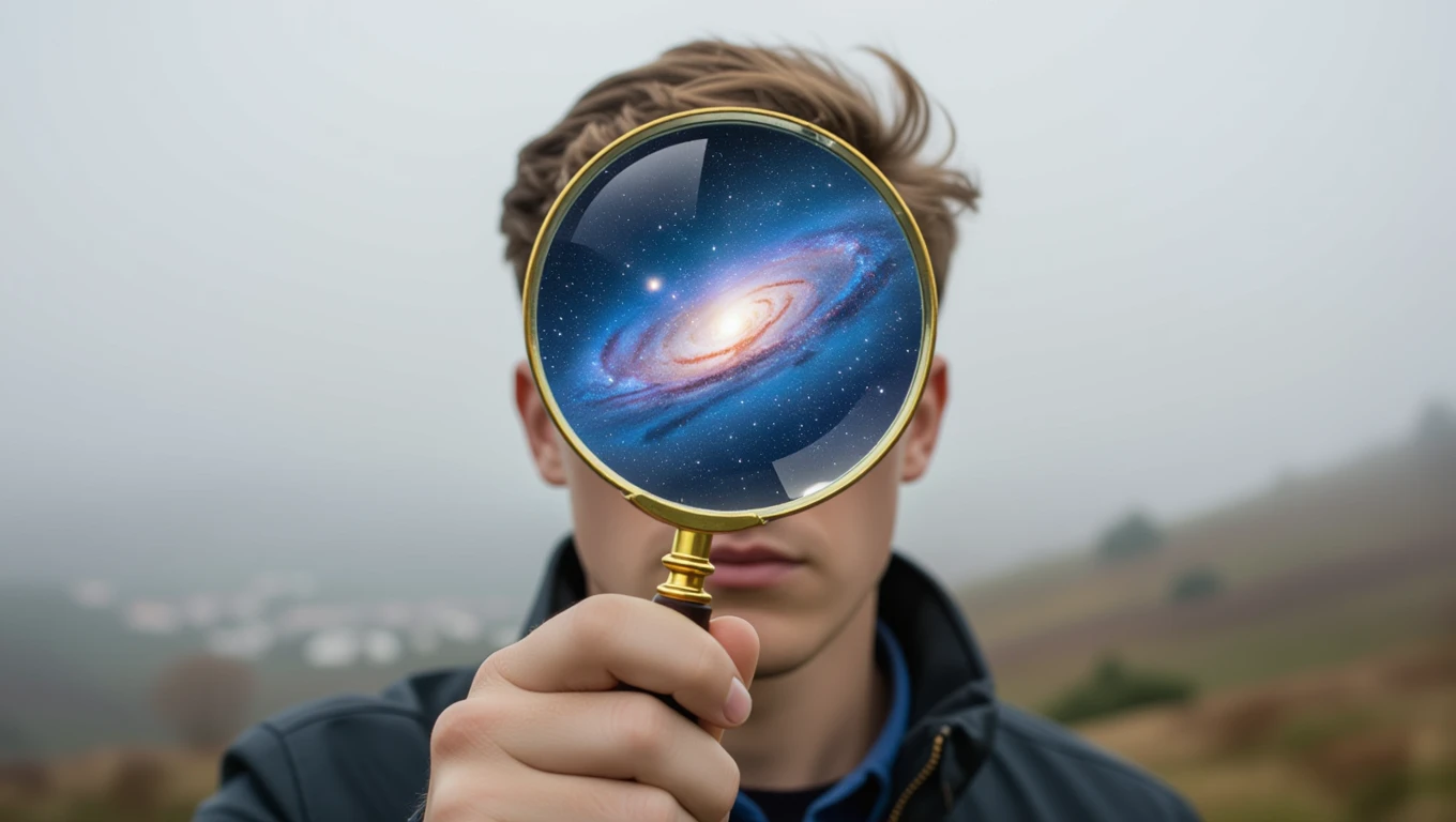 Un giovane tiene una lente d'ingrandimento che rivela una galassia.