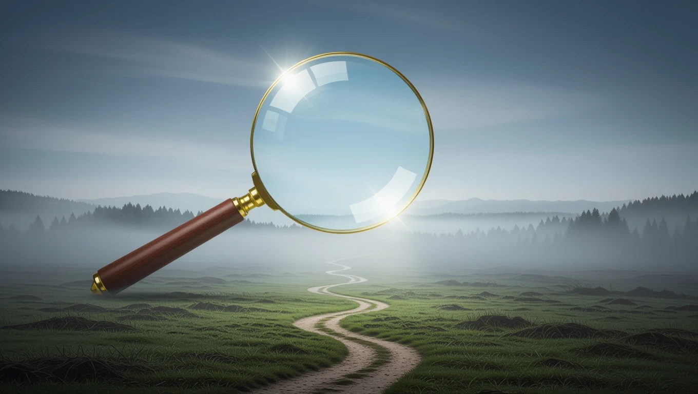 Una lente d'ingrandimento fluttua sopra un sentiero tortuoso in un paesaggio nebbioso.