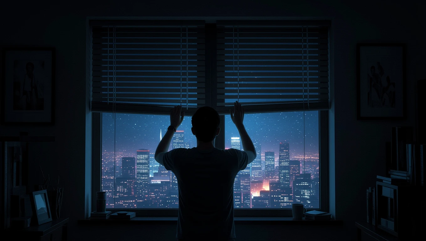 Una persona che apre una tapparella, rivelando una vista notturna della città.