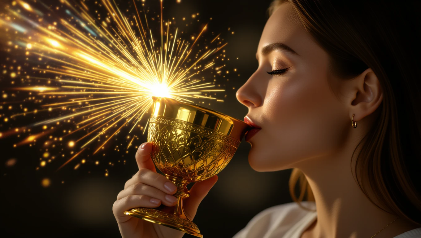 Una donna sorseggia da un calice dorato, circondata da scintille luminose.