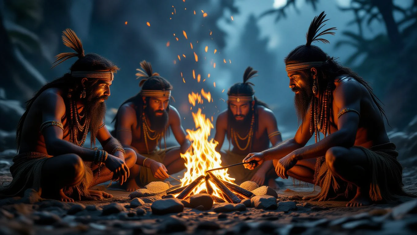 Gruppo di uomini preistorici attorno a un fuoco, immersi nella contemplazione.