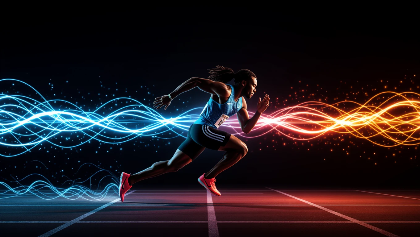 Un atleta corre veloce su una pista, simboleggiando ambizione e determinazione.