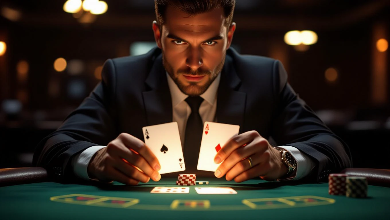 Un uomo in giacca elegante tiene due carte da gioco, concentrato sul tavolo verde.