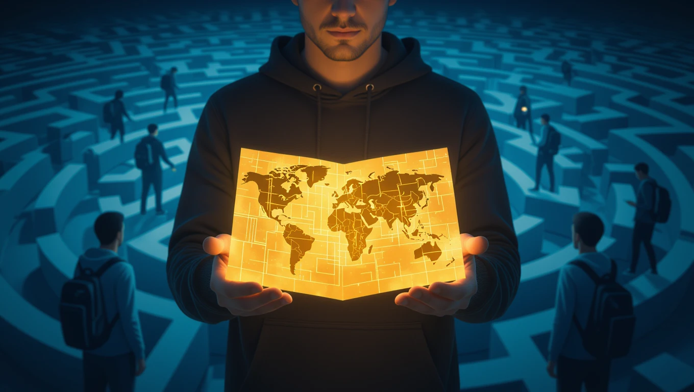 Un uomo tiene una mappa luminosa del mondo in un labirinto affollato.