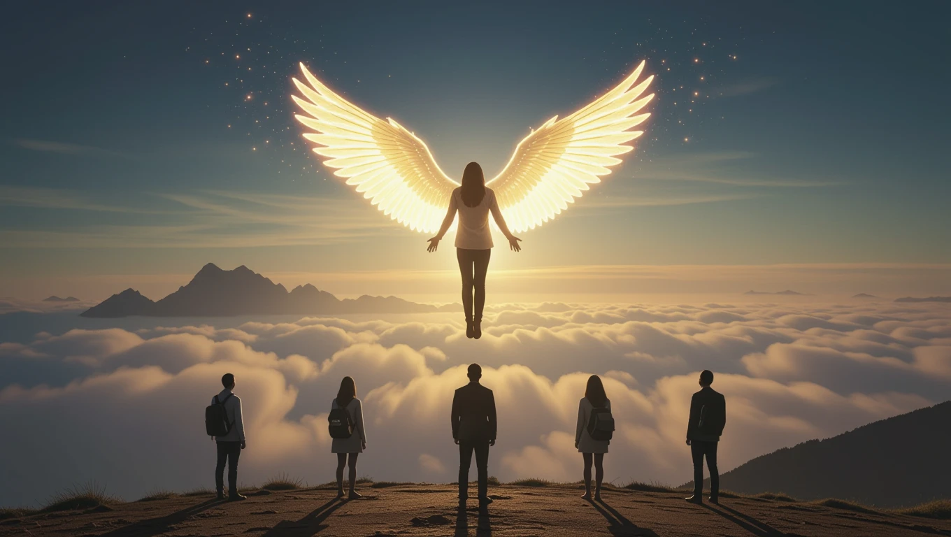 Una figura con ali dorate fluttua sopra le nuvole, simboleggiando ambizione e autostima.