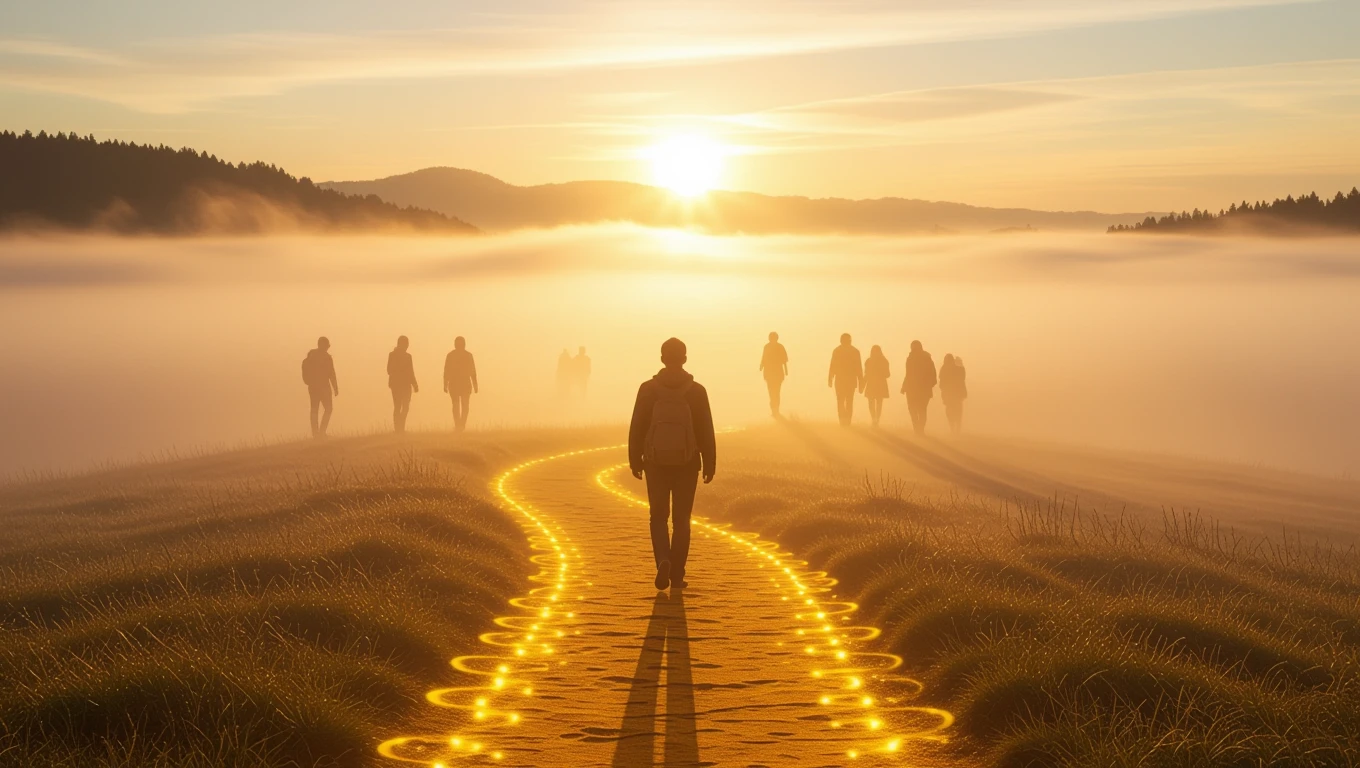 Una figura solitaria cammina su un sentiero luminoso verso l'orizzonte, circondata da nebbia.