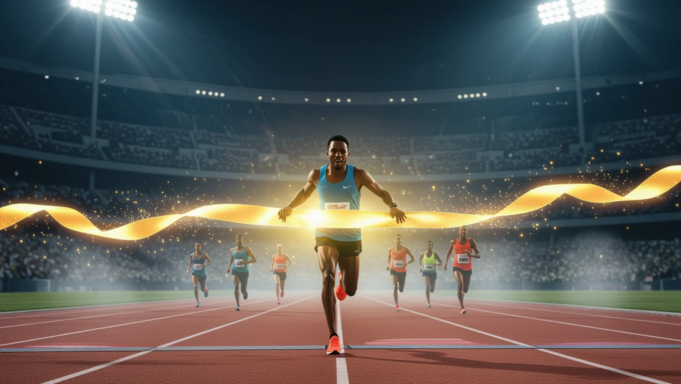 Un atleta taglia il traguardo con determinazione, mentre altri corridori lo seguono.