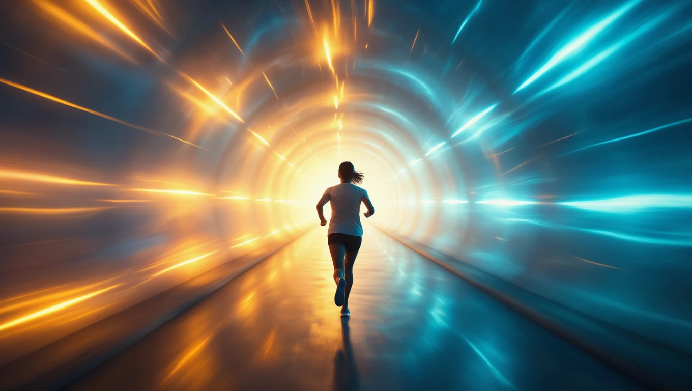 Una persona corre attraverso un tunnel luminoso, simbolo di velocità e progresso.