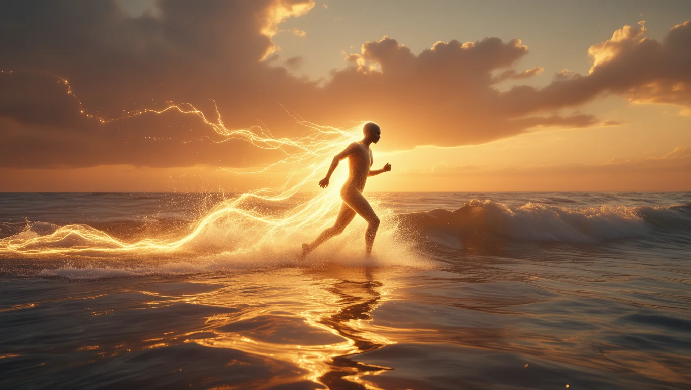 Una figura umana corre sull'acqua, circondata da scie di luce dorata al tramonto.