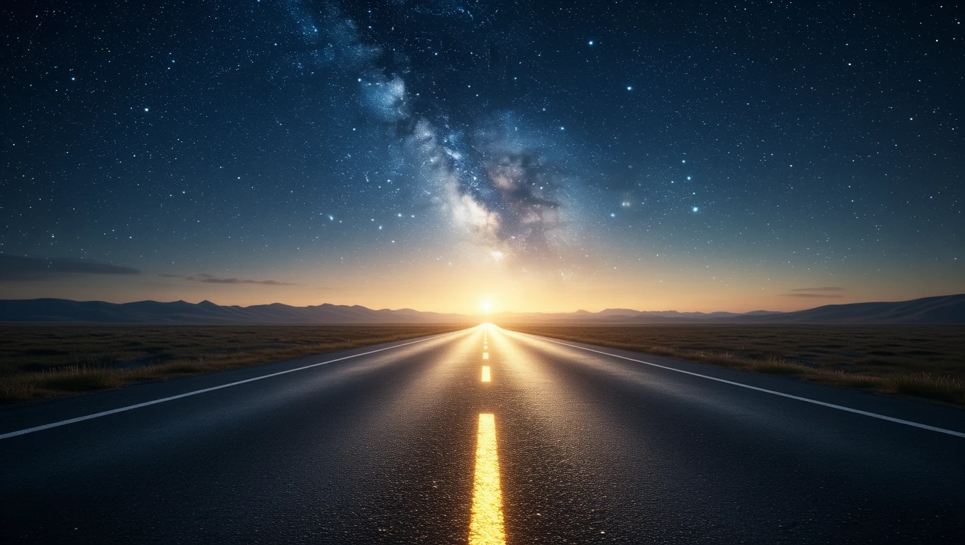 Una strada deserta si estende verso un orizzonte luminoso sotto un cielo stellato.