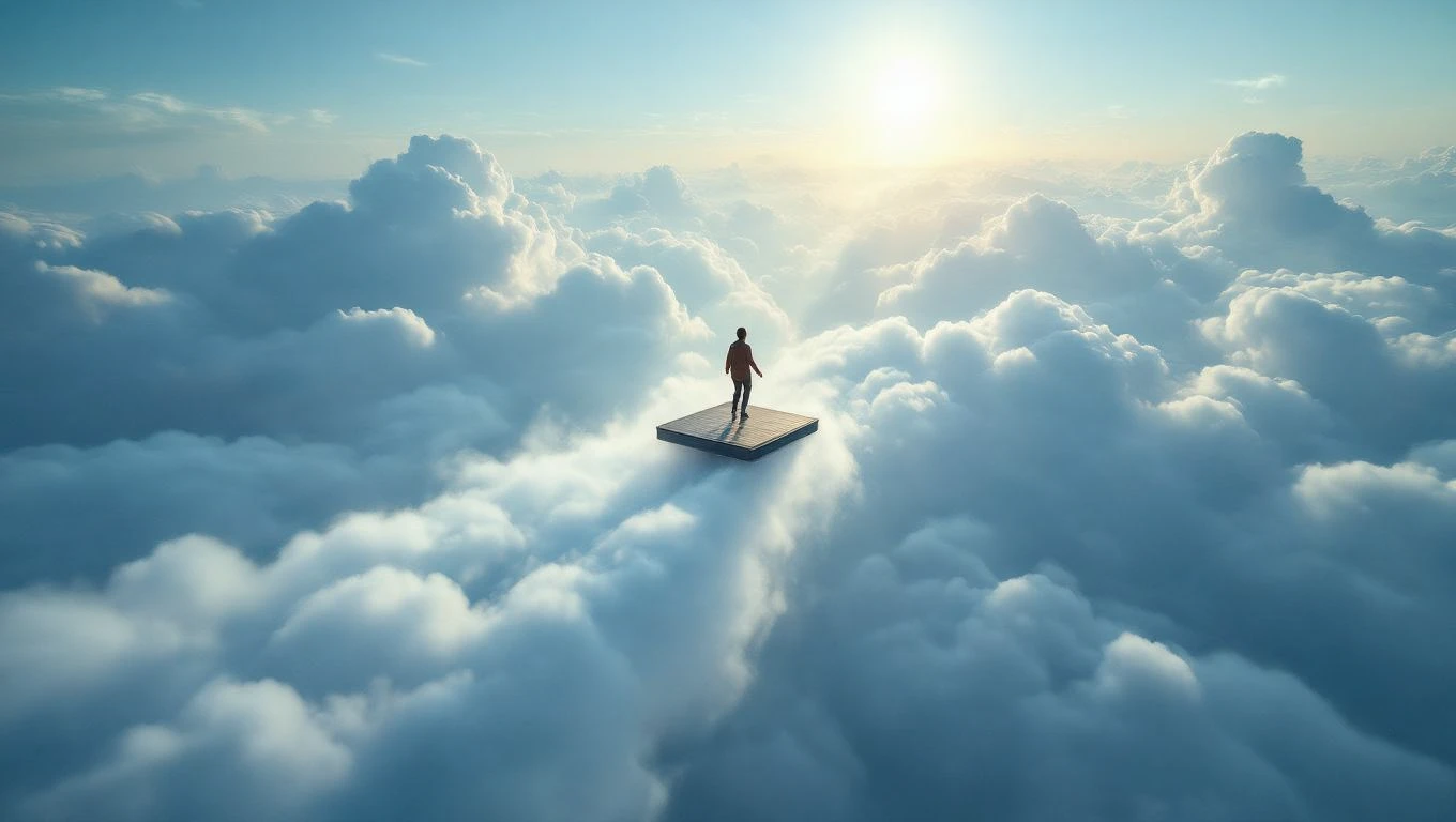 Una figura solitaria su una piattaforma tra le nuvole, simbolo di ambizione e ricerca di progresso.