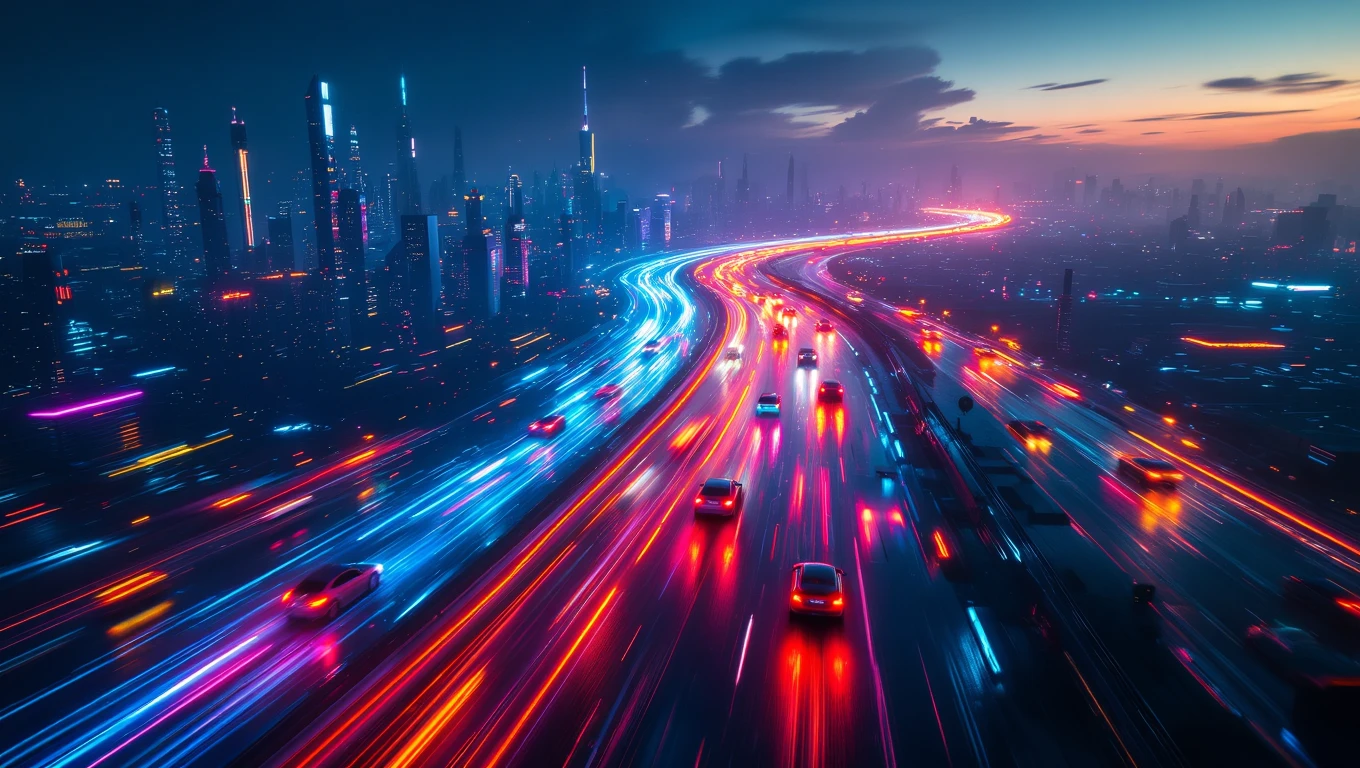 Una vista notturna di una città futuristica con strade illuminate da auto in movimento veloce.