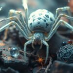 Ragno bianco su roccia con decorazioni intricate e accessori.